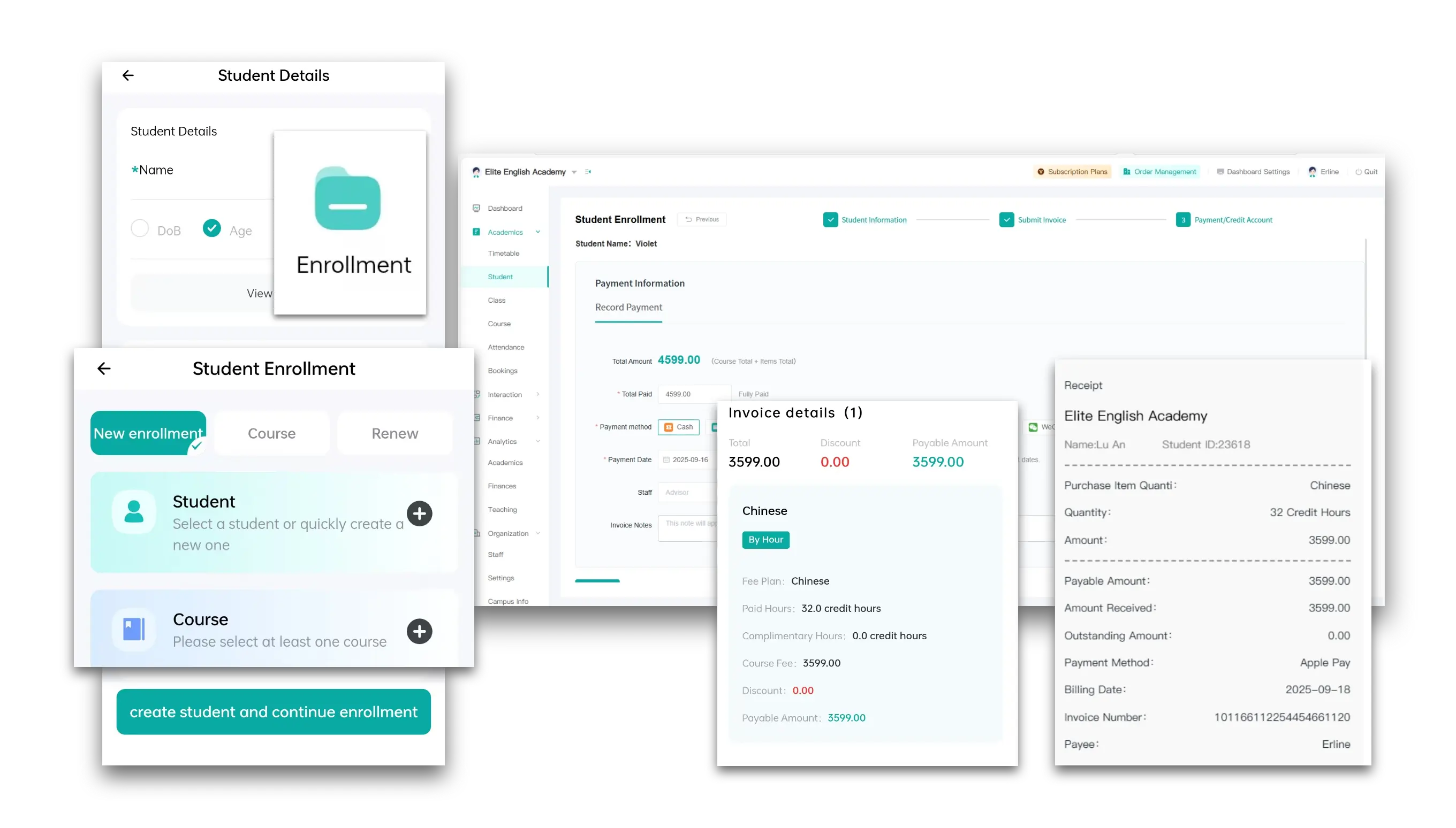 Artstep's enrollment system showing application form, process tracking, and parent app submission portal.