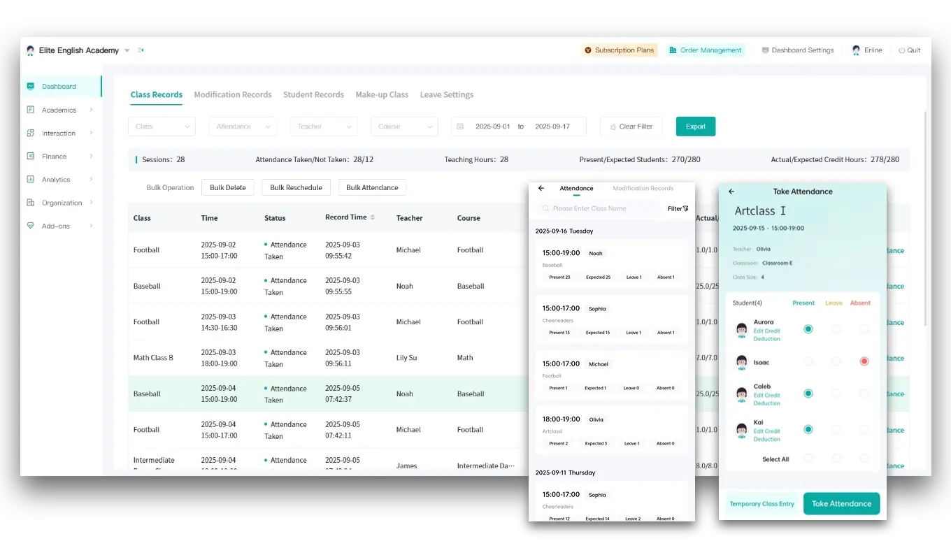 Artstep's class session records and individual student progress tracking interface.