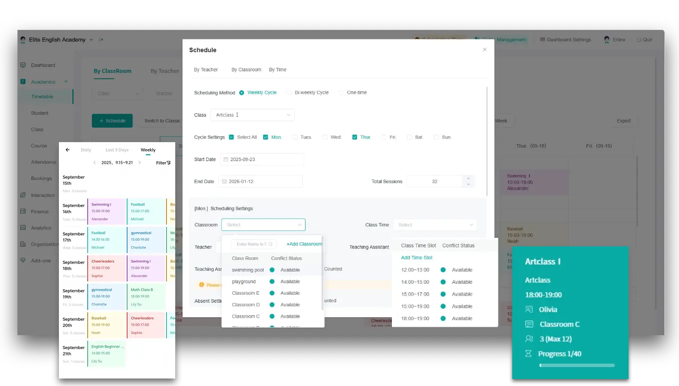 Artstep's art class scheduling interface showing the calendar and detailed session information.