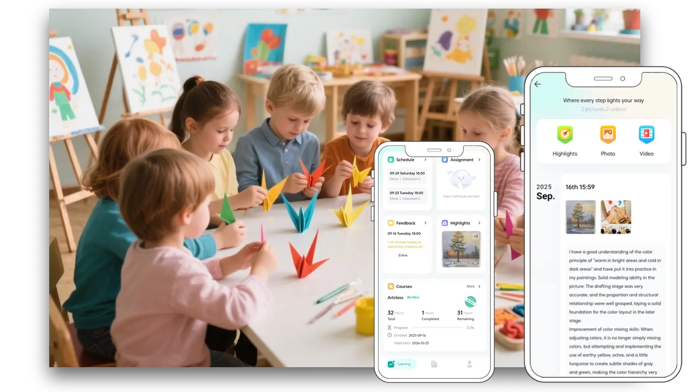Artstep's classroom painting session and digital artwork showcase for student creations.