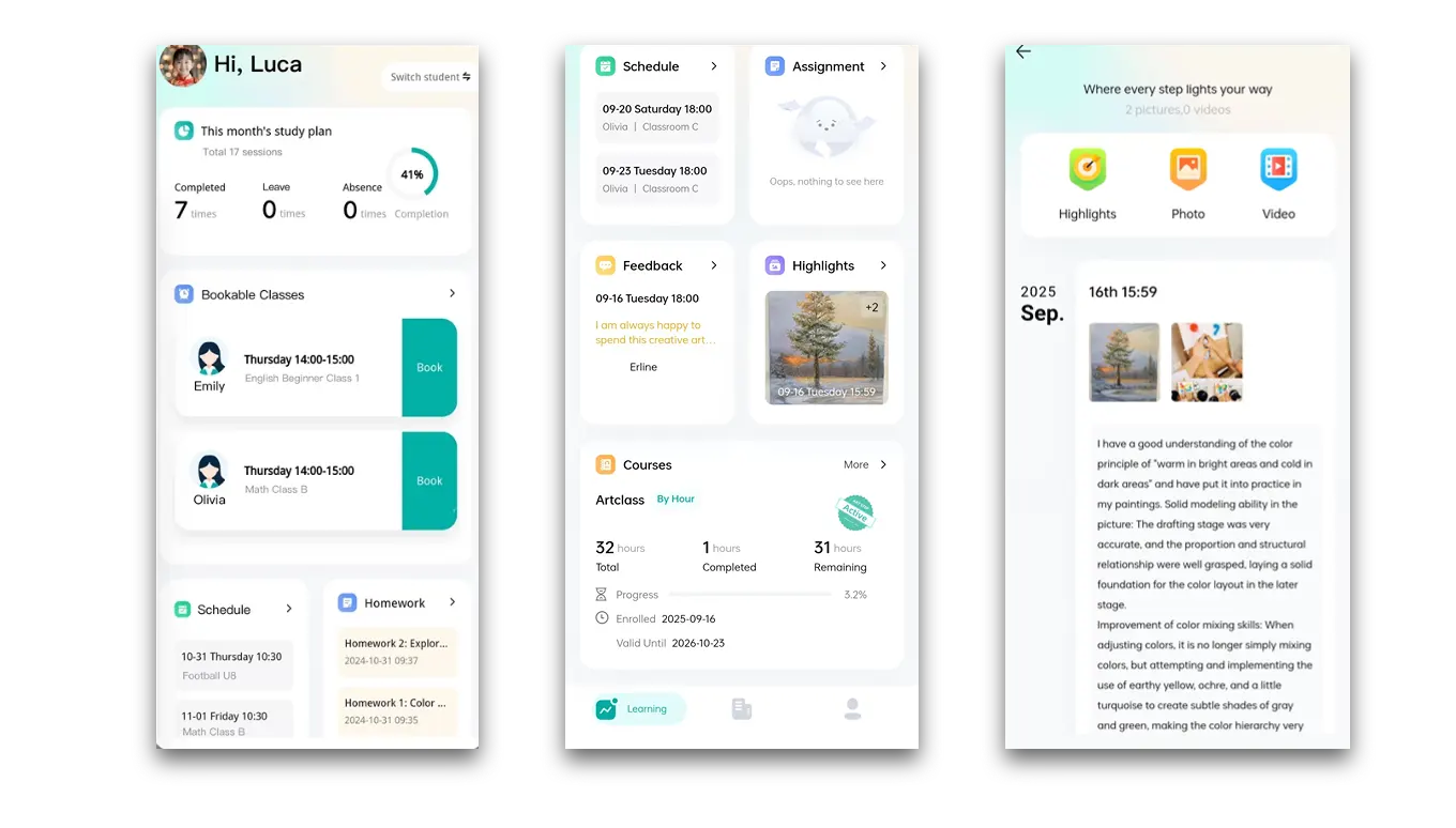 Artstep's parent app showing enrolled courses, attendance, schedules, homework, growth moments and notifications.