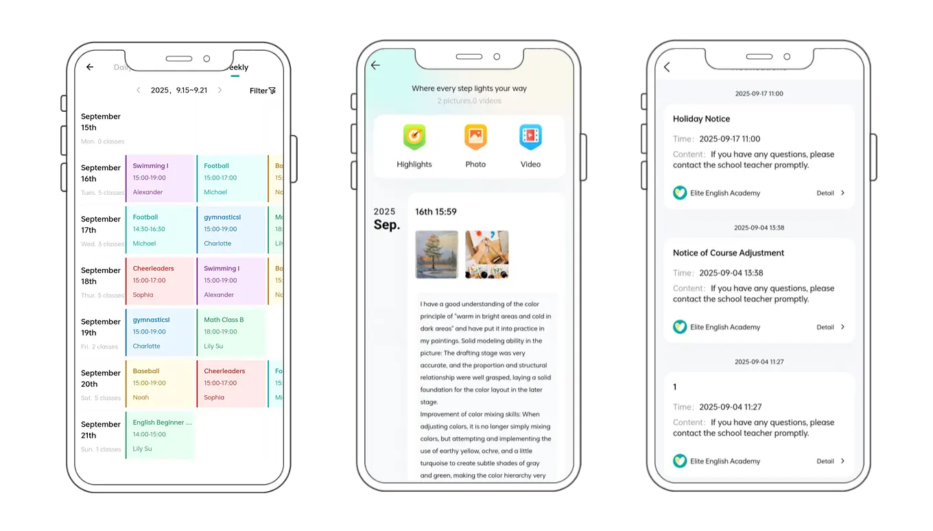 Artstep's scheduling interface, student artwork gallery, and parent notification feed in one view.