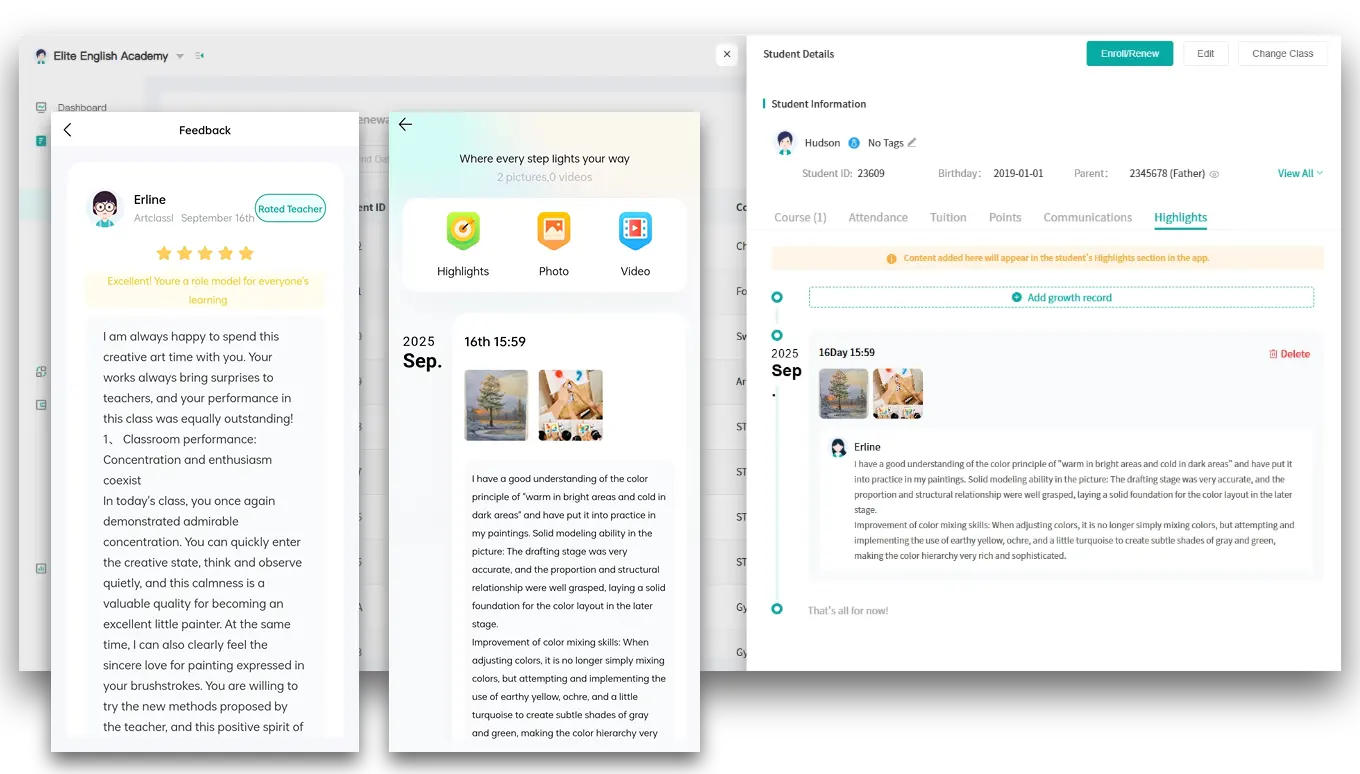 Artstep's art student portfolio in the app showing artwork timeline and teacher feedback on student creations.