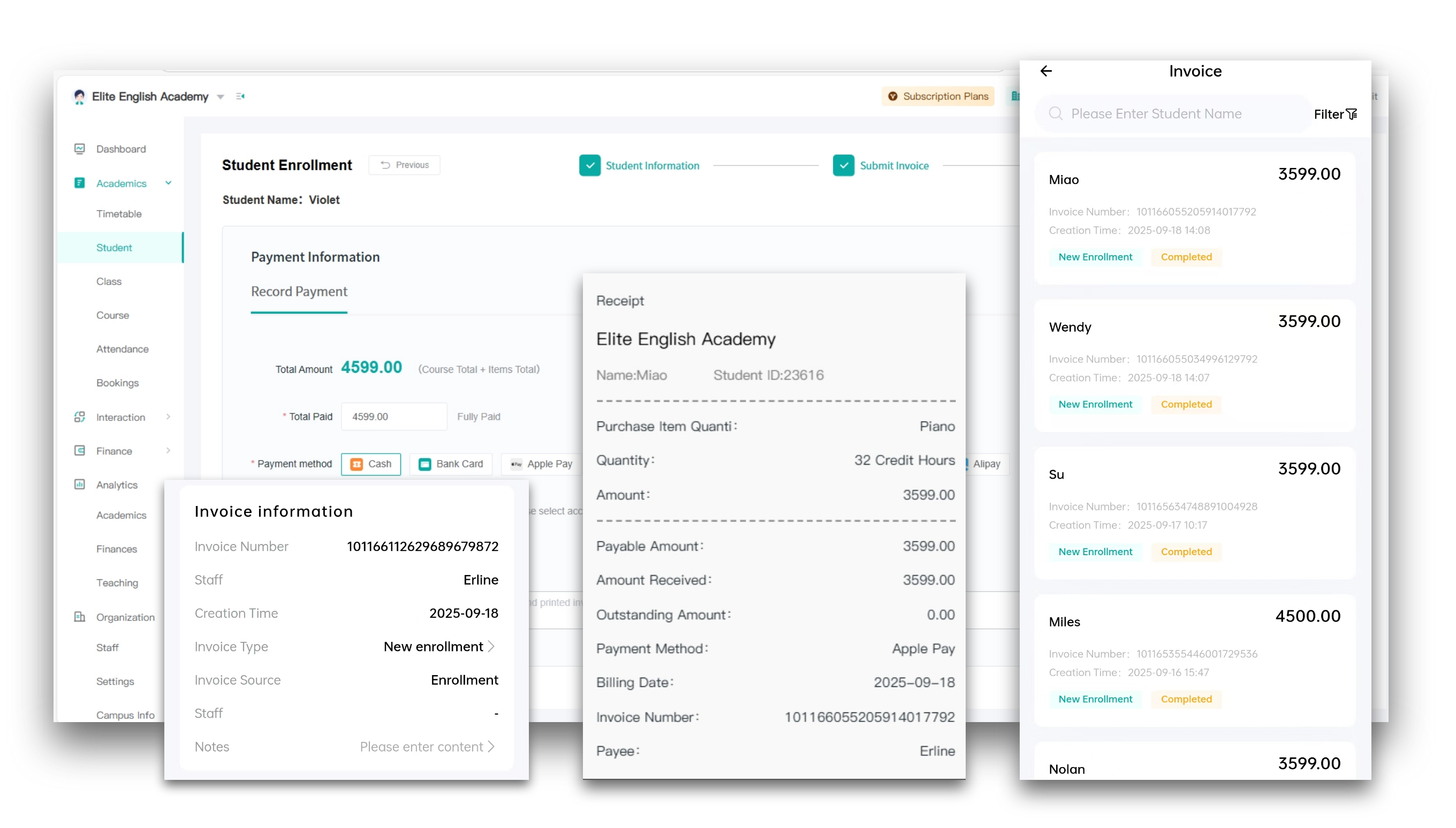 Artstep's billing interface and parent mobile payment gateway for seamless transactions.
