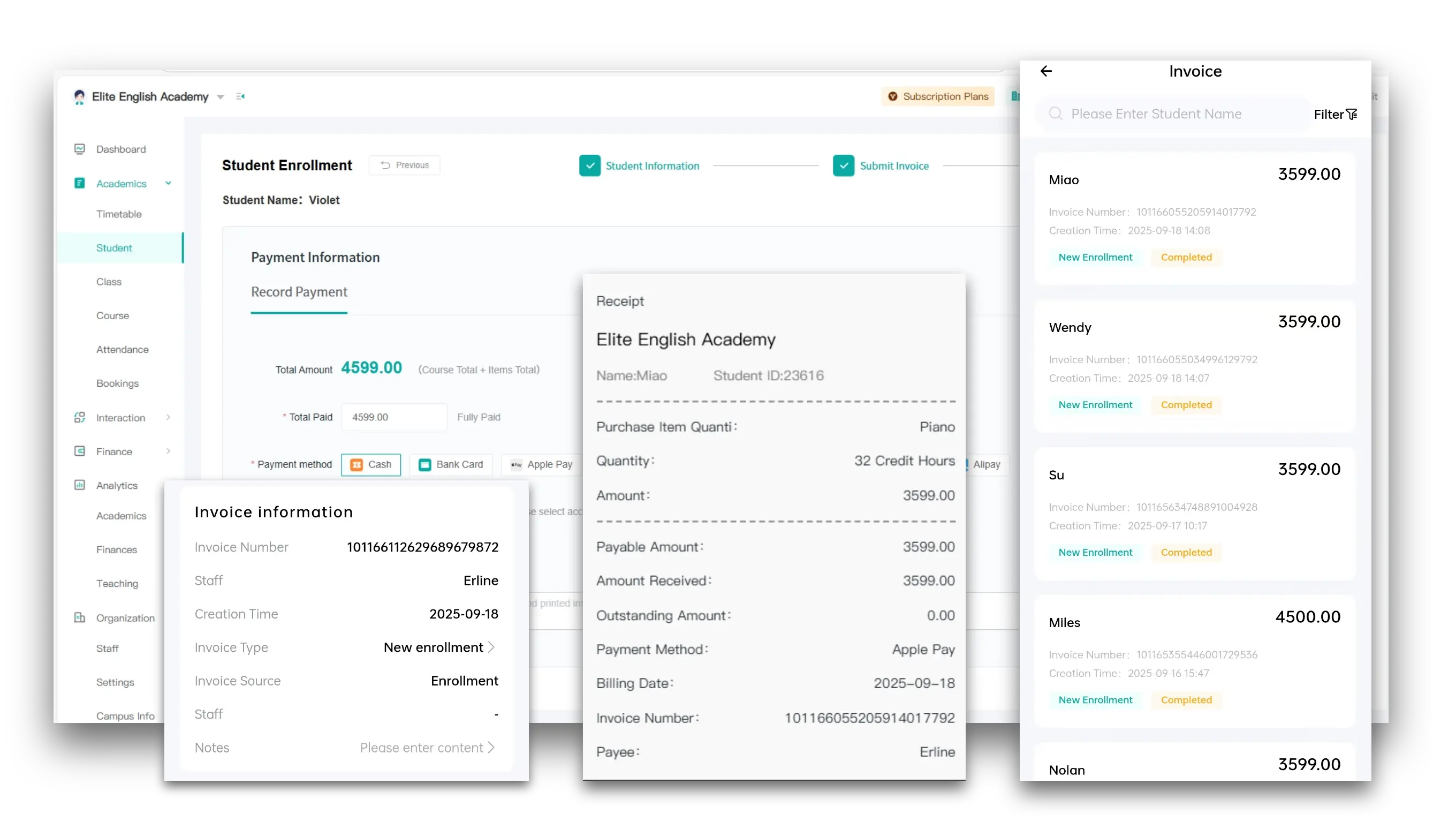 Artstep's billing interface and parent mobile payment gateway for seamless transactions.