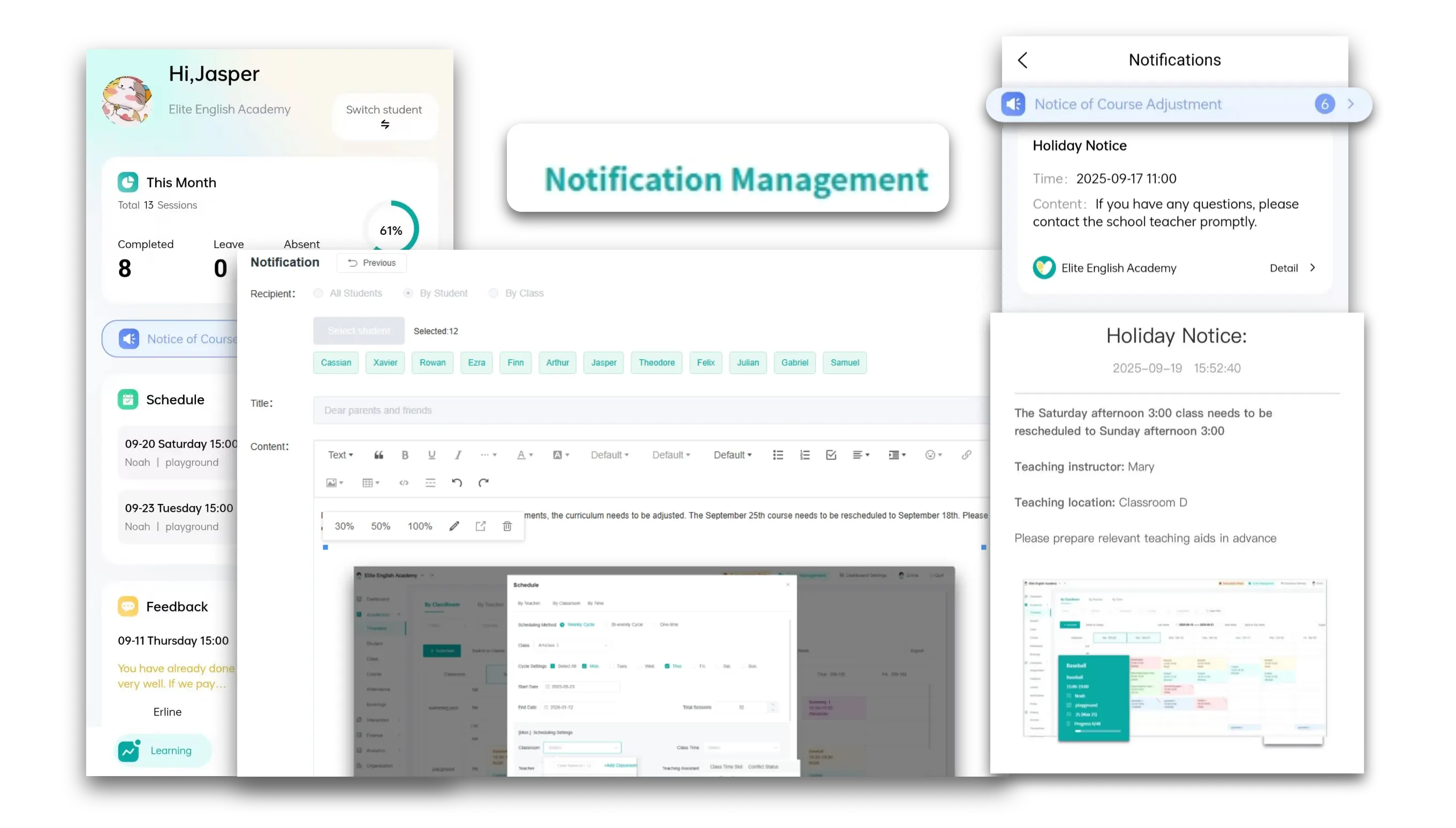 Artstep's parent notification center showing alerts and school announcements.