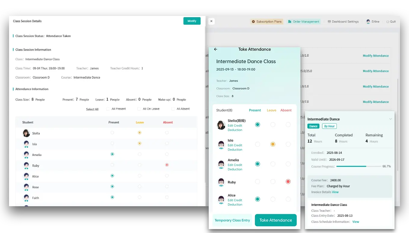 Artstep's dance class attendance tracker and student progress monitoring interface.