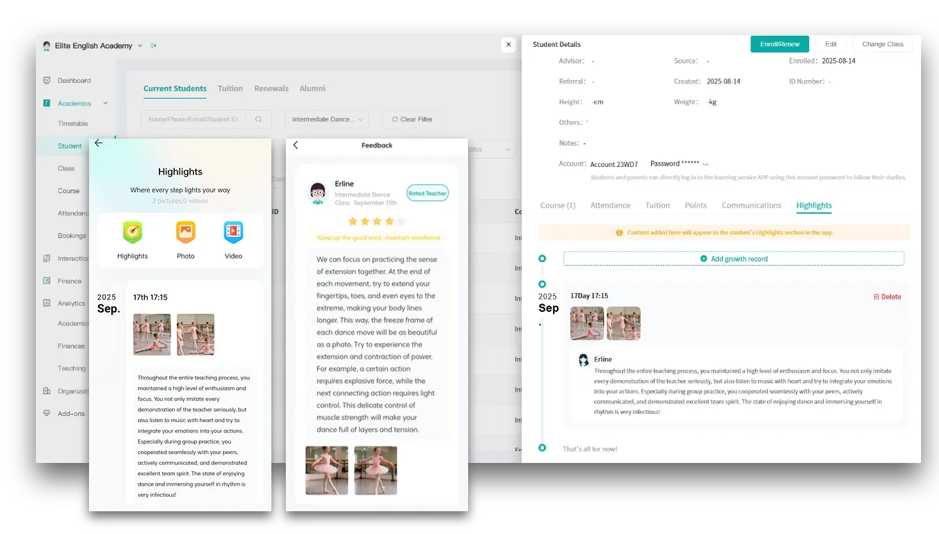 Artstep's Growth Timeline showcasing student photos with teacher comments in chronological display.