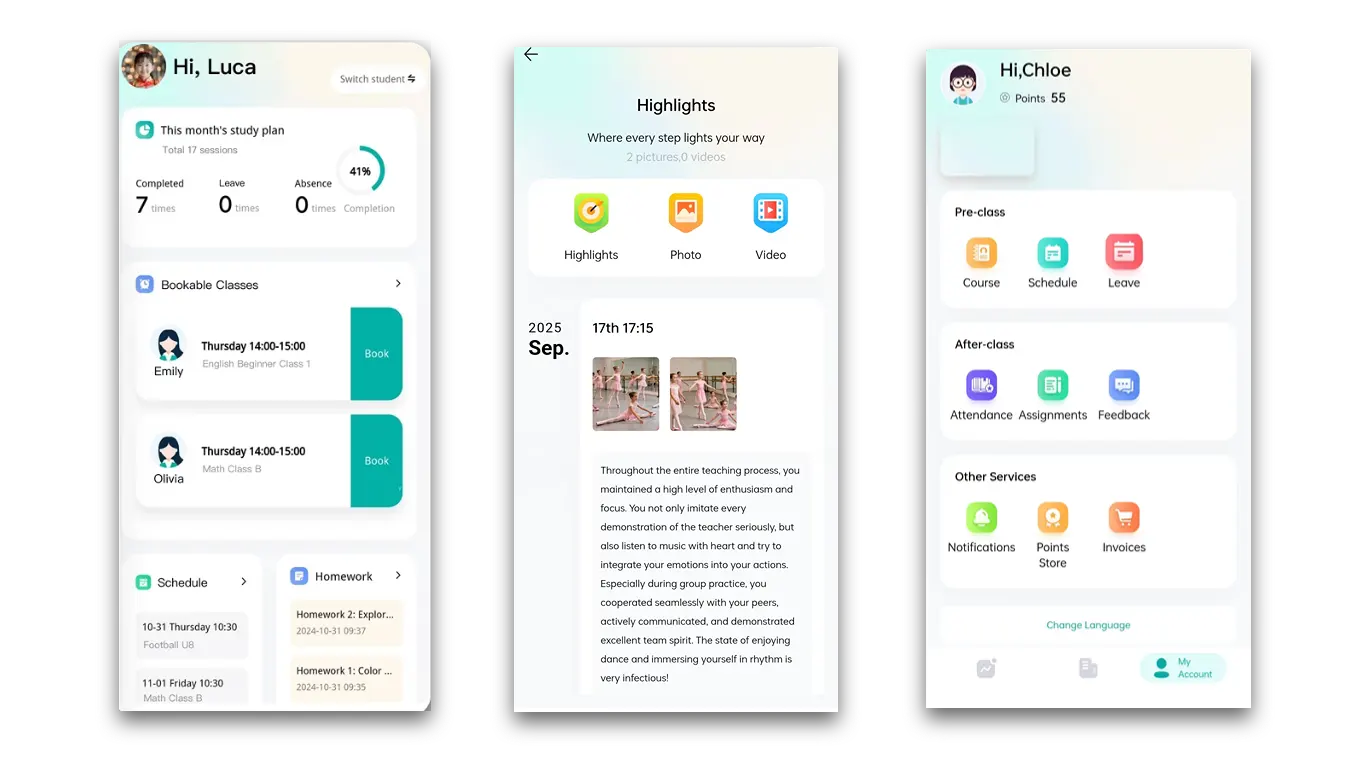 Artstep's parent app showing student attendance, schedules, homework, growth moments and notifications.