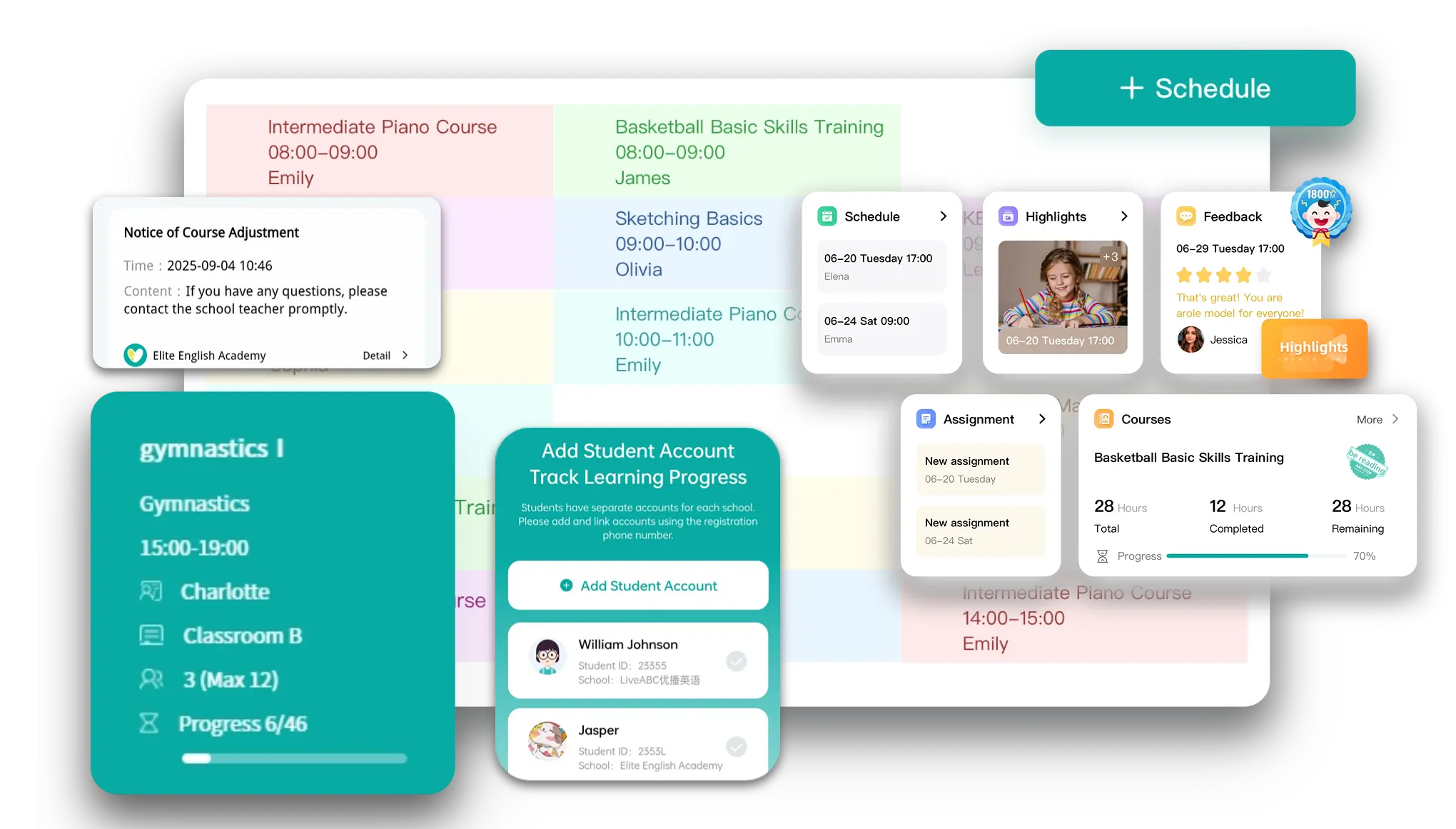 Artstep's gymnastics dashboard with class scheduling, skill progress timeline, and parent app for schedules and multi-child management.