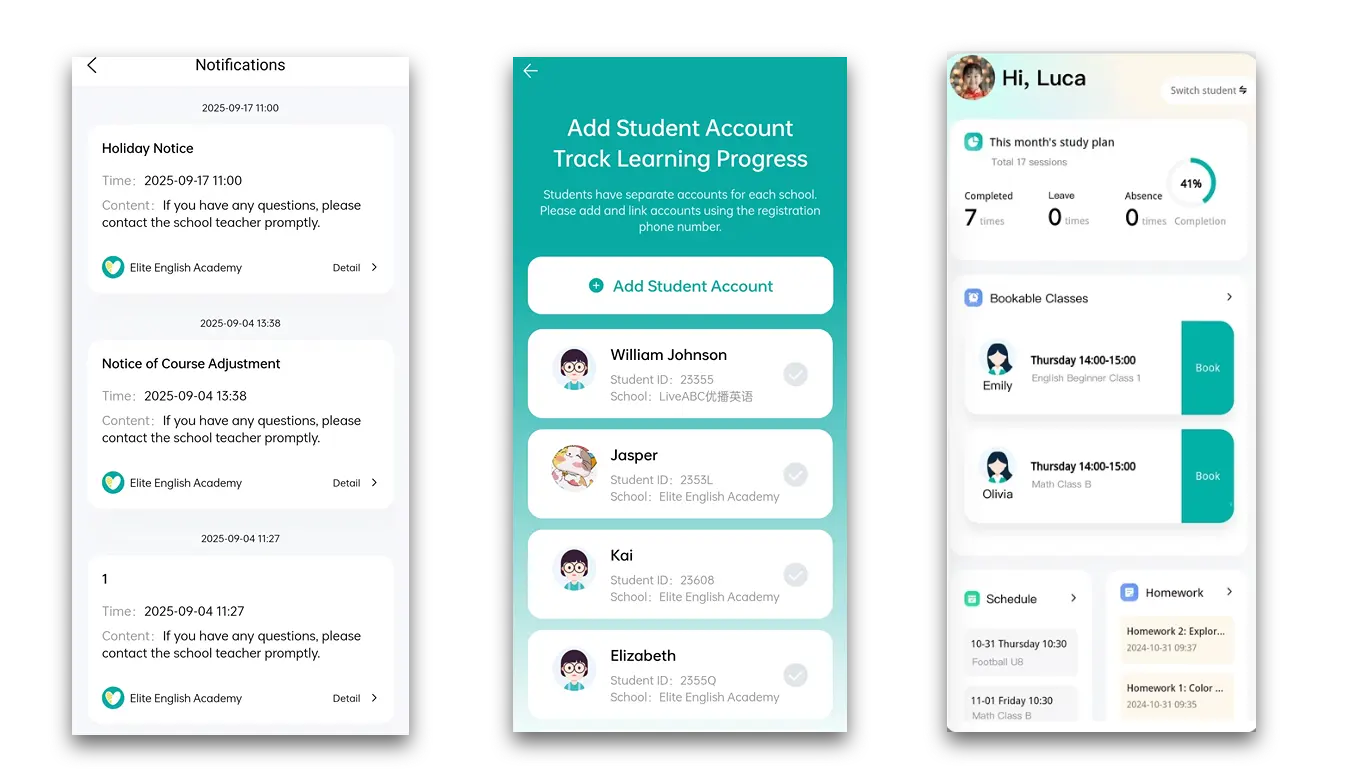 Artstep's parent app interface for multi-child management and notifications.