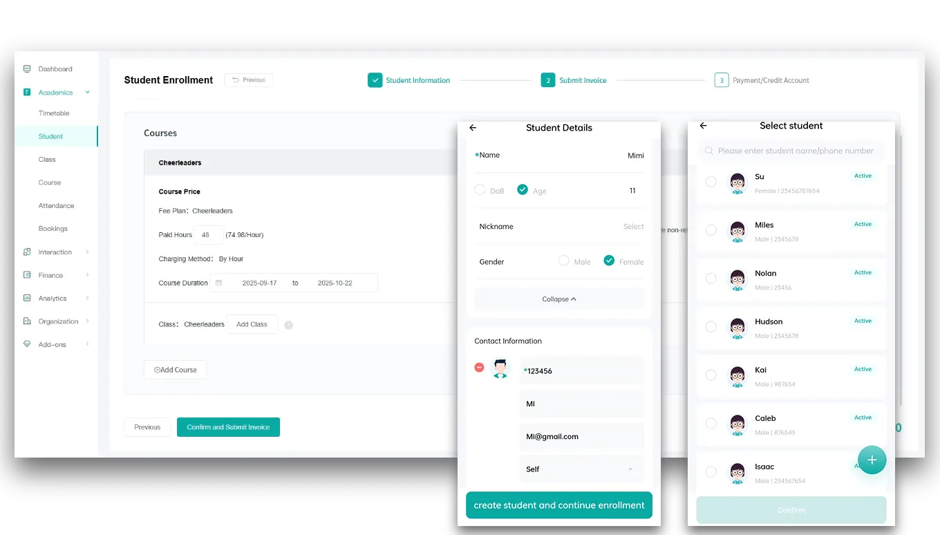 Artstep's enrollment process for gymnastics courses, showing how teachers register students.