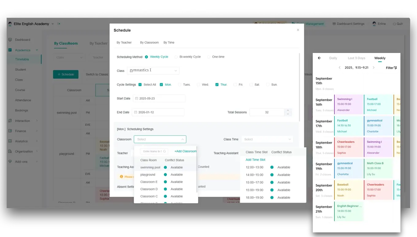 Artstep's course scheduling process and the resulting timetable display.