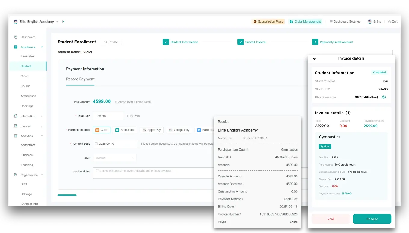 Artstep's gymnastics course billing and payment interface with invoice management.