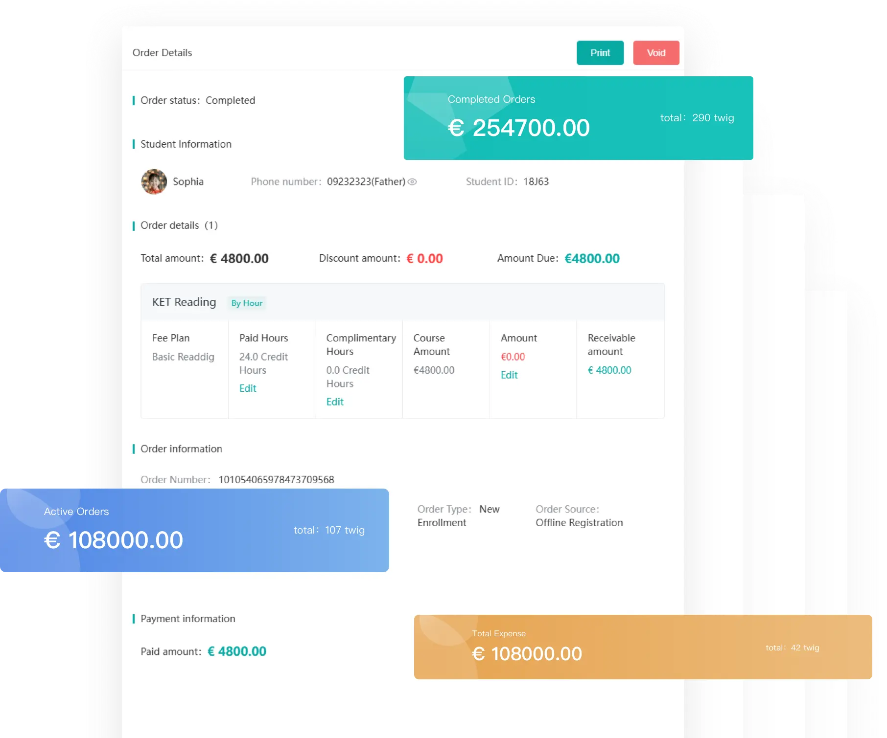 Artstep's course order details page showing payment amounts and session information.