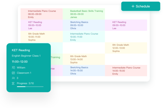 Artstep's weekly course schedules with detailed session planning view.