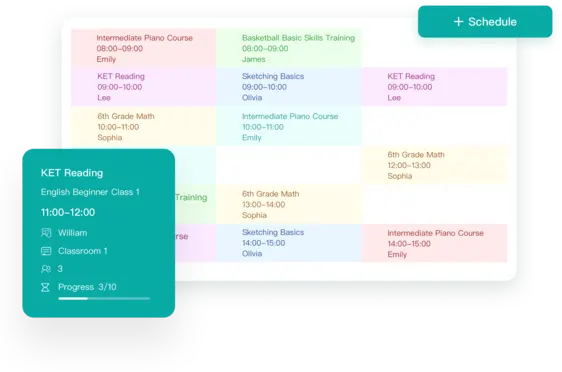 Artstep's weekly course schedules with detailed session planning view.
