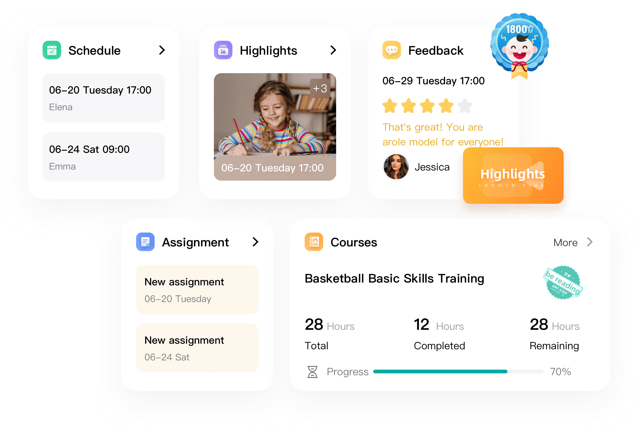 Artstep's student app showing enrolled courses, schedules, growth moments, homework, and post-class evaluations.