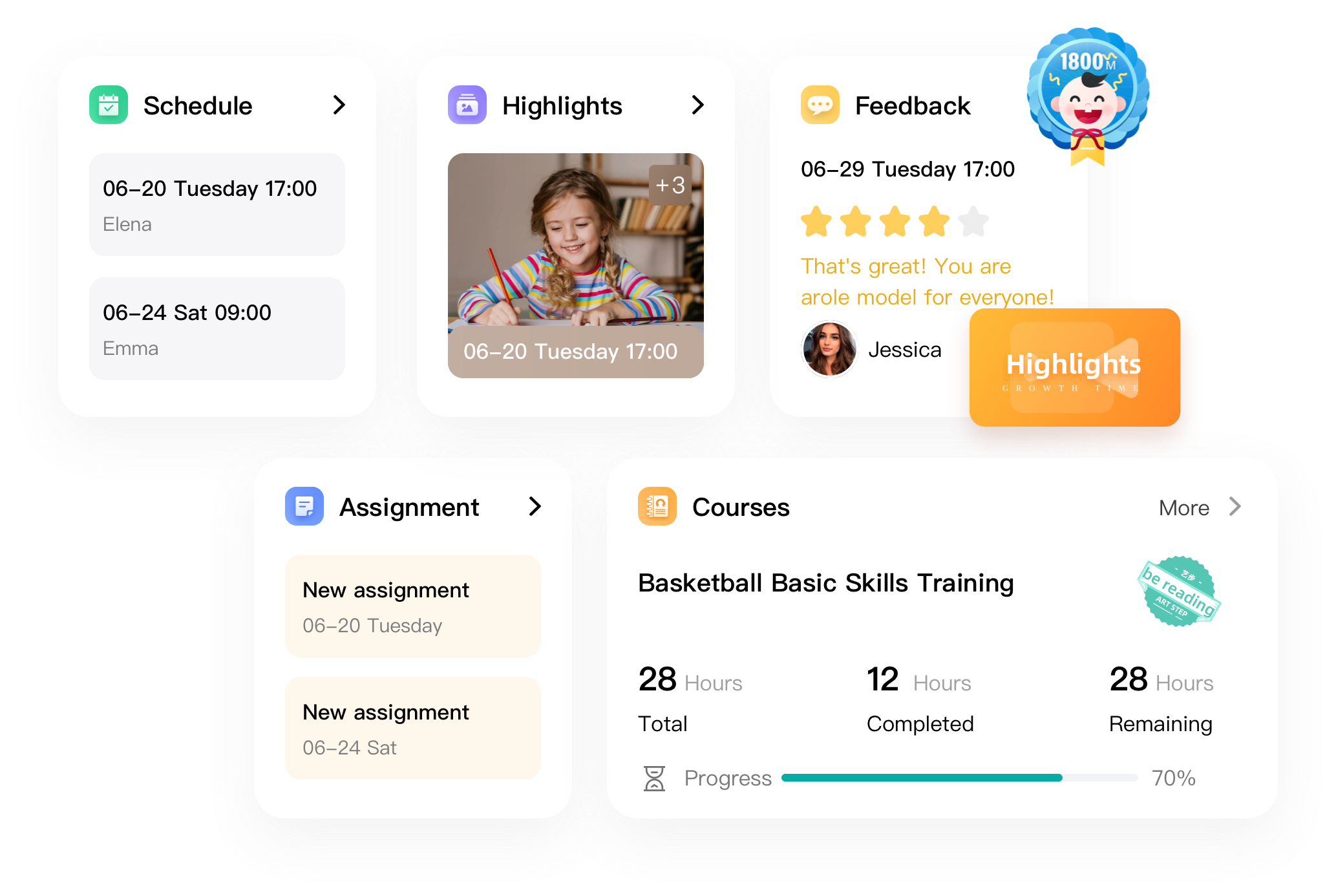 Artstep's student app showing enrolled courses, schedules, growth
        moments, homework, and post-class evaluations.