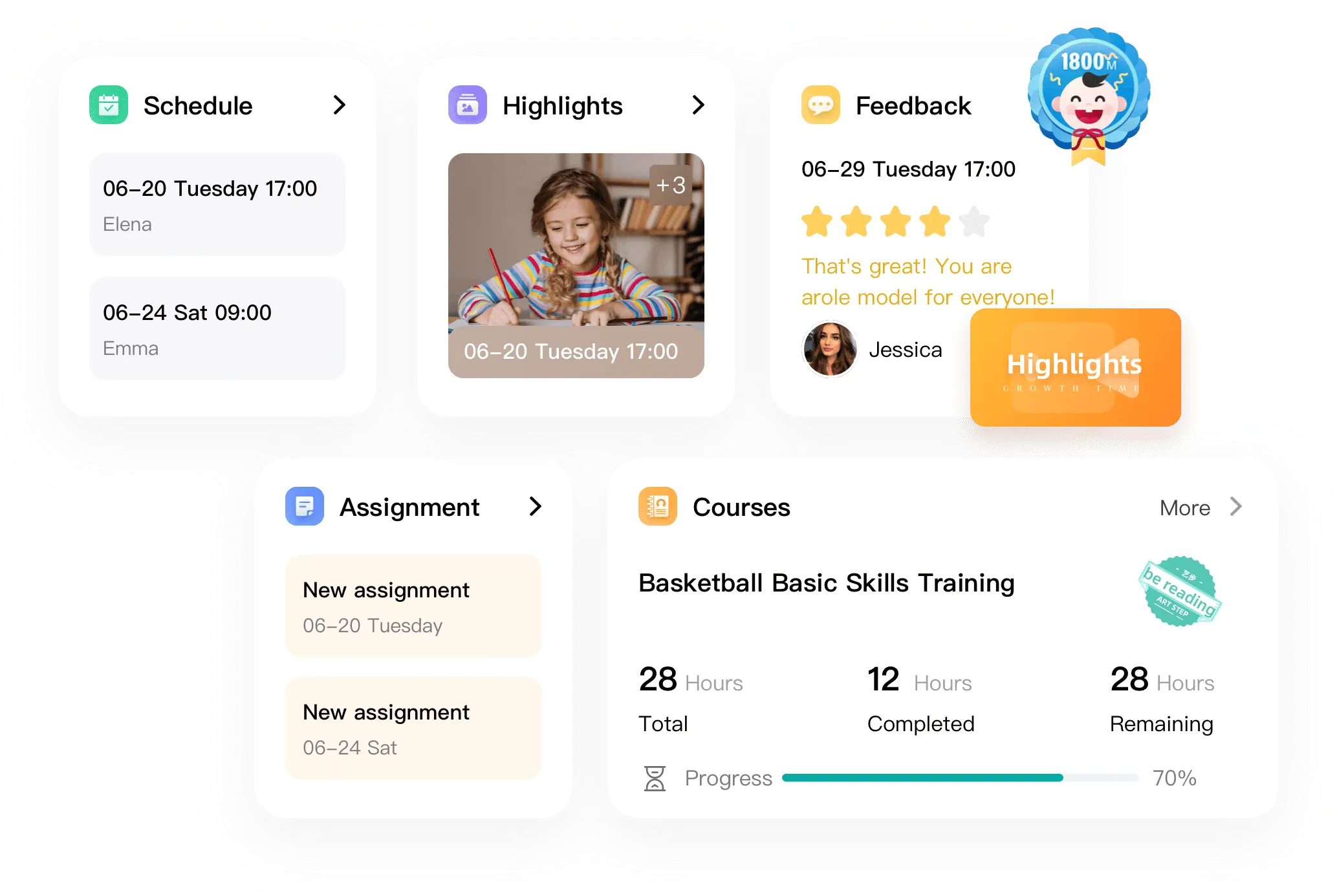 Artstep's student app showing enrolled courses, schedules, growth moments, homework, and post-class evaluations.