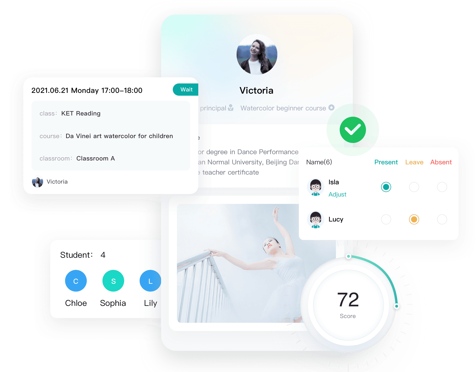 Artstep's student app displaying Growth Moments, class schedules, and attendance records.