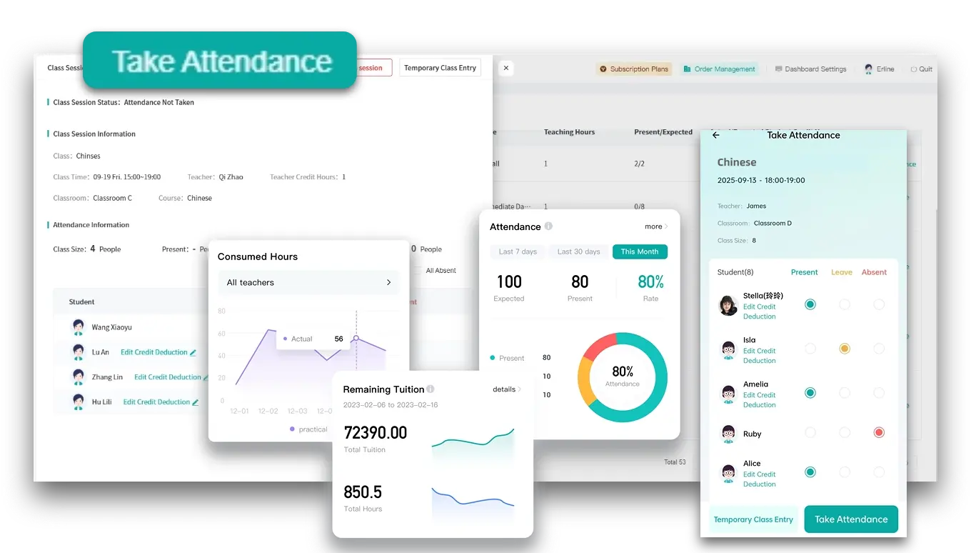 Artstep's language class attendance interface tracking student participation and check-ins.