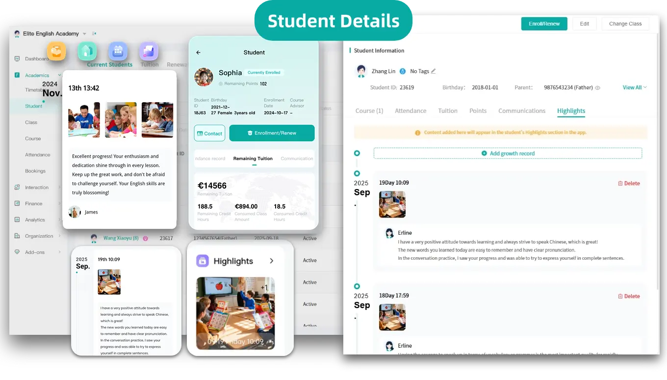 Artstep's language student Progress Timeline displaying learning milestones and teacher feedback.