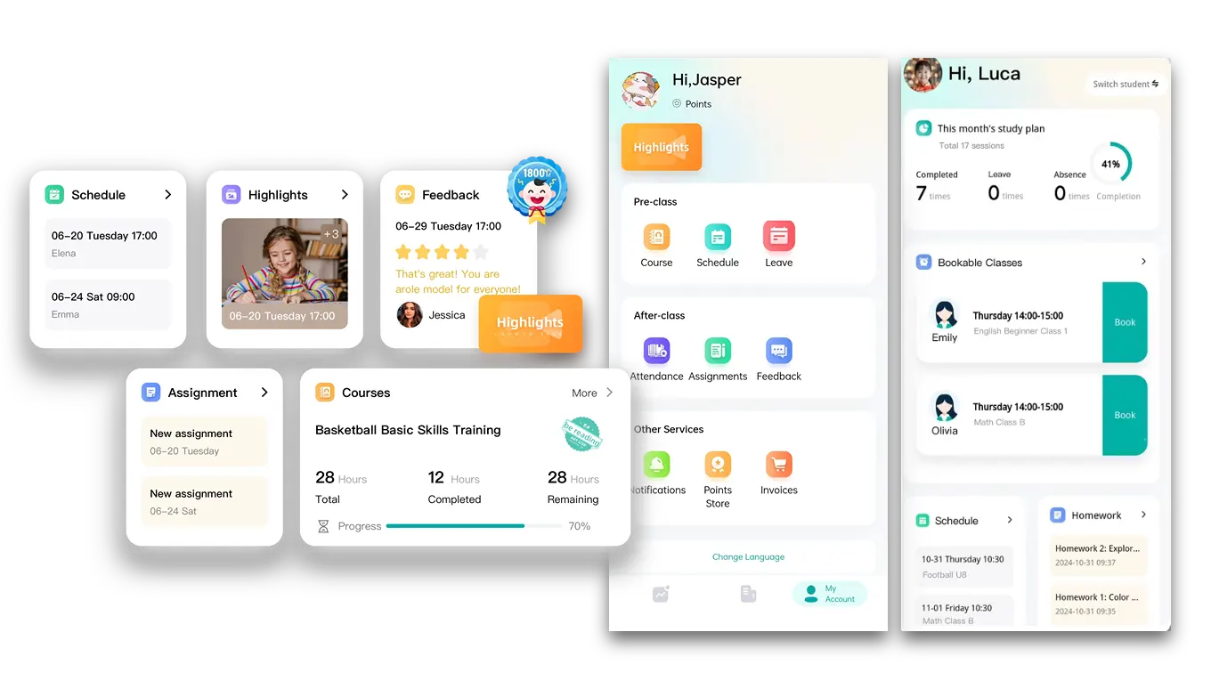 Artstep's parent app showing student attendance, class schedules, homework assignments, growth moments and notifications.