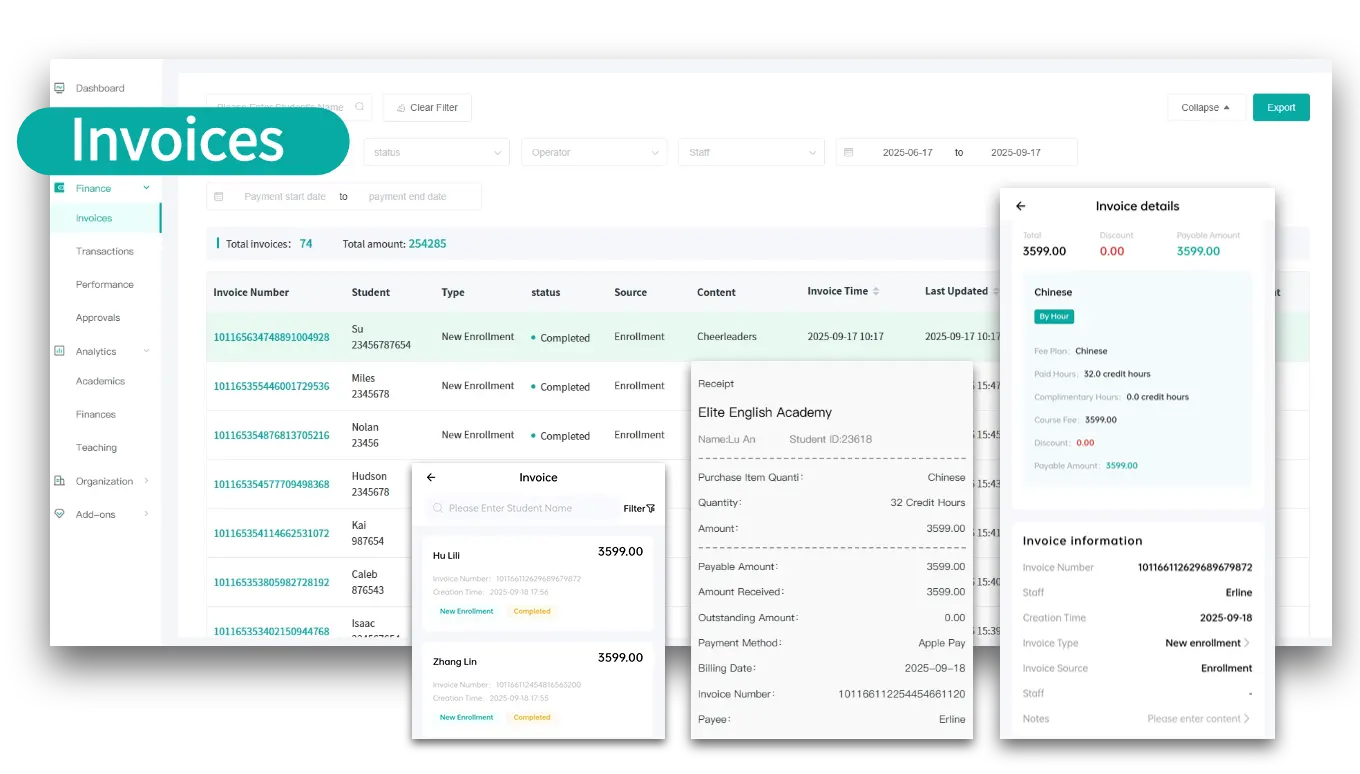 Artstep's language course billing and payment interface with invoice management.