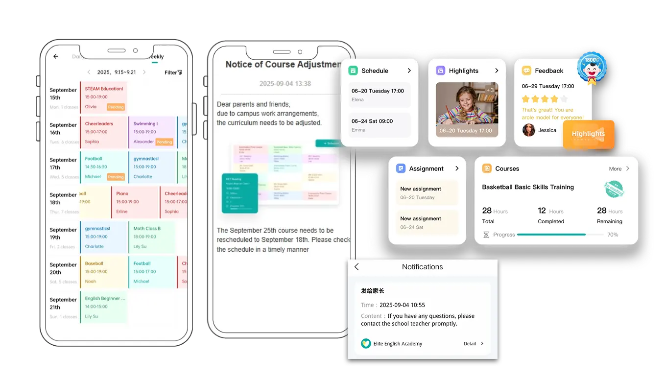 Artstep's language course dashboard showing scheduling, attendance tracking, and parent notifications.