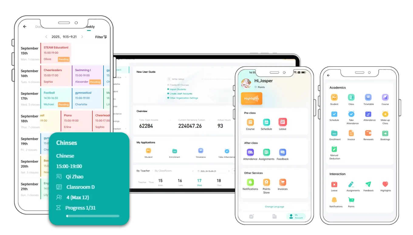 Artstep's dashboard showing class schedules, installment billing, and parent app with attendance tracking.