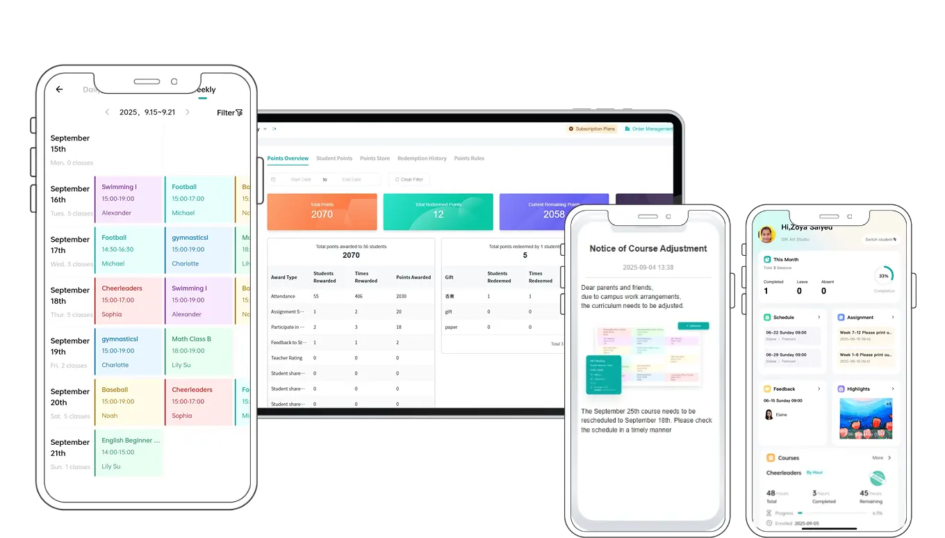 Artstep's dashboard showing team scheduling calendar, skill progression tracking, and parent app lesson updates with notifications.