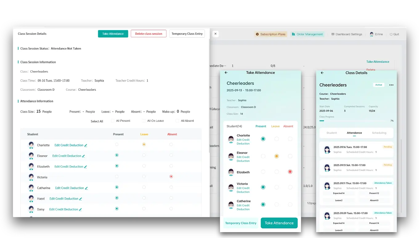 Artstep's attendance tracking interface for a cheerleading class, showing student check-in records.