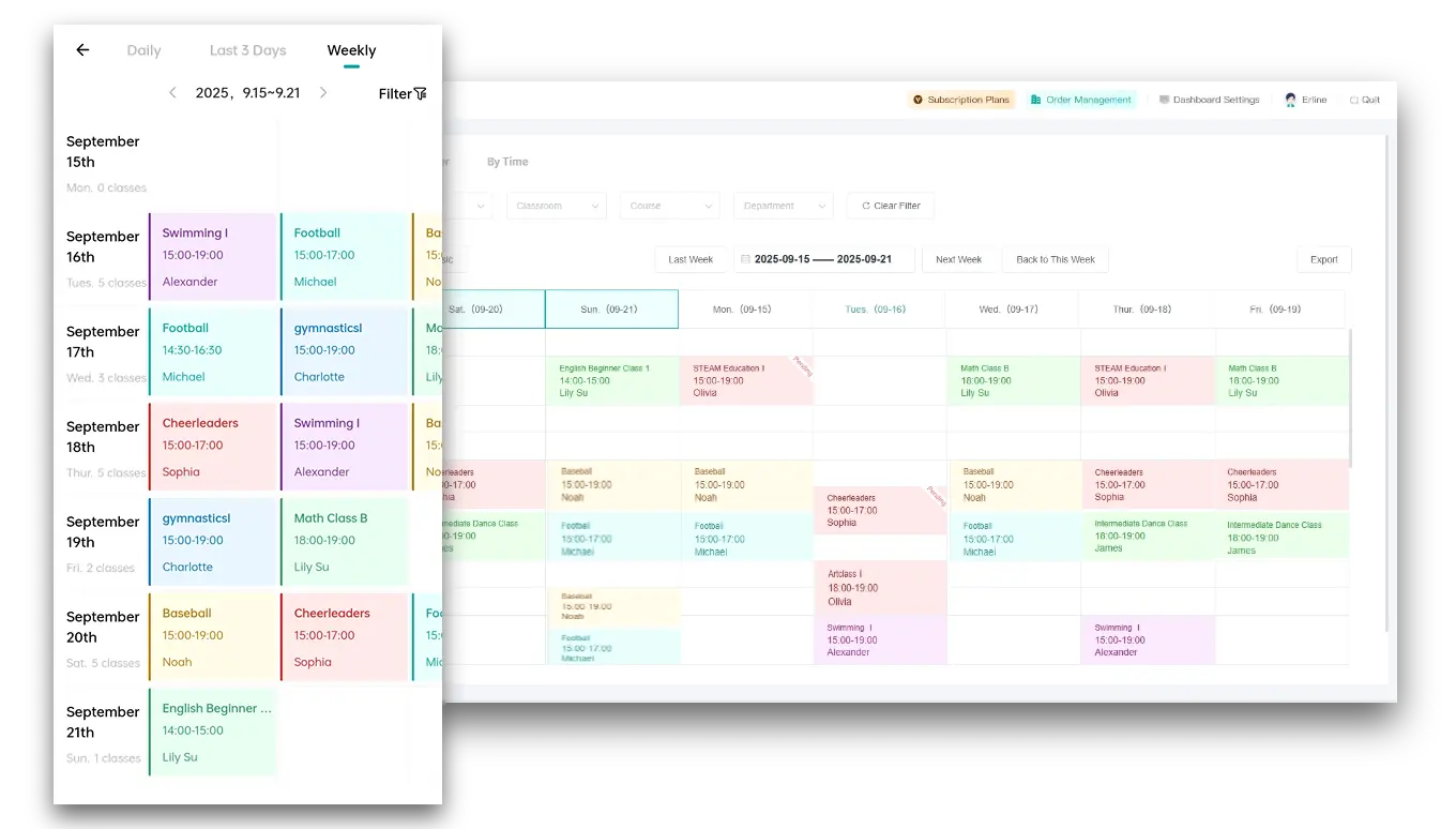 Artstep's multi-course schedule displayed across both mobile app and desktop interfaces.