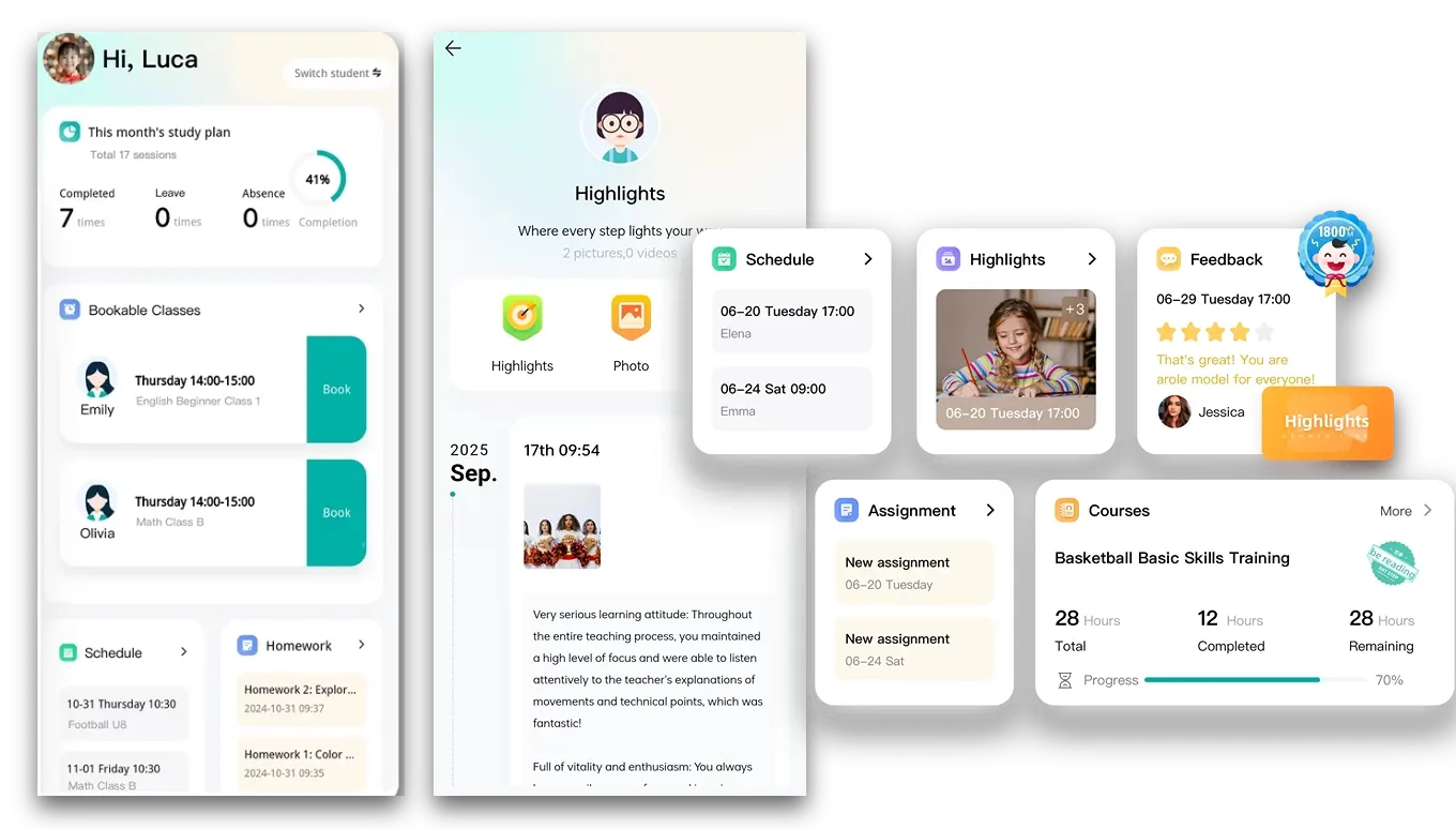 Artstep's parent app for cheerleading students showing attendance, enrollment details, schedules, homework, and growth moments.