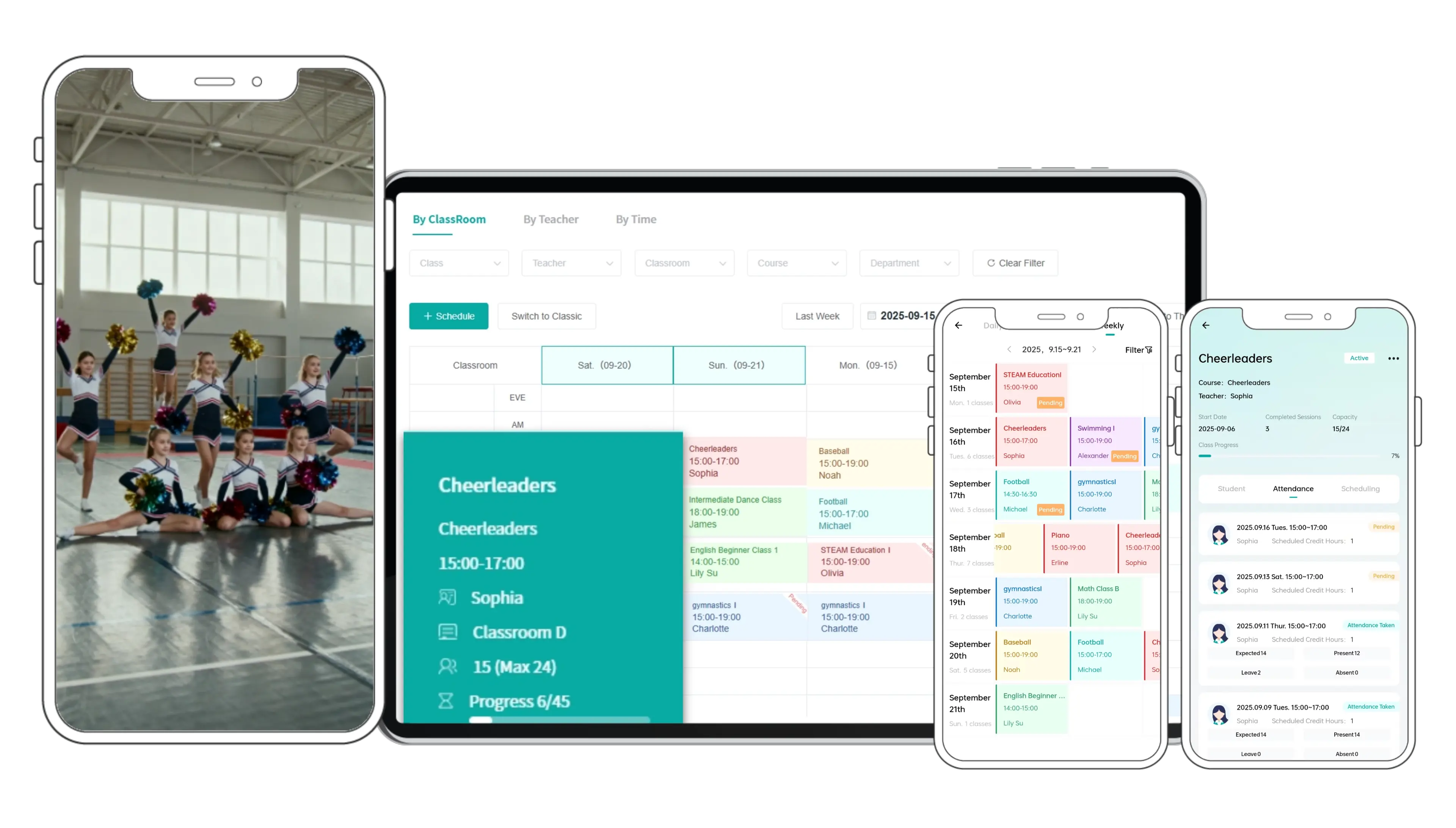 Artstep's cheer team training session with tumbling and pyramids, plus the system schedule and class progress interface.