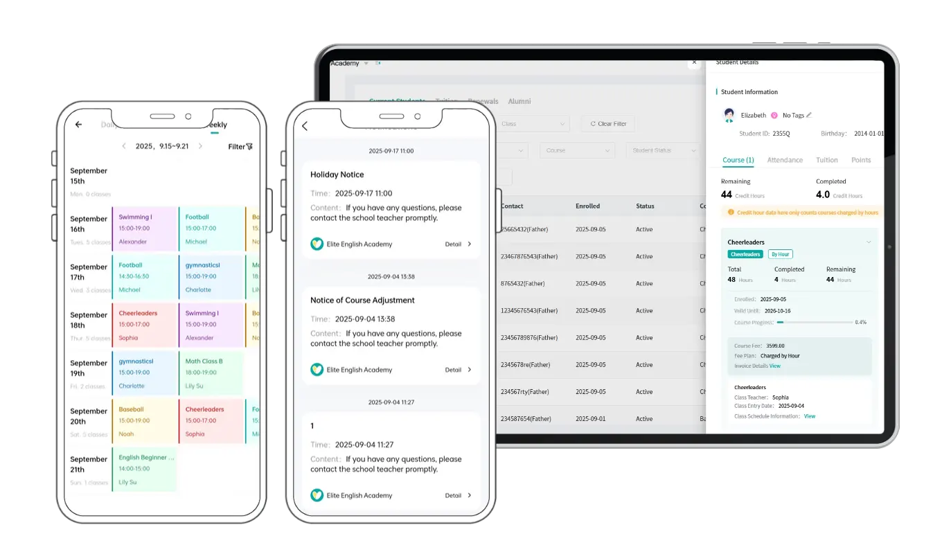 Artstep's cheerleading course dashboard showing class scheduling, skill level tracking, and parent notification features.