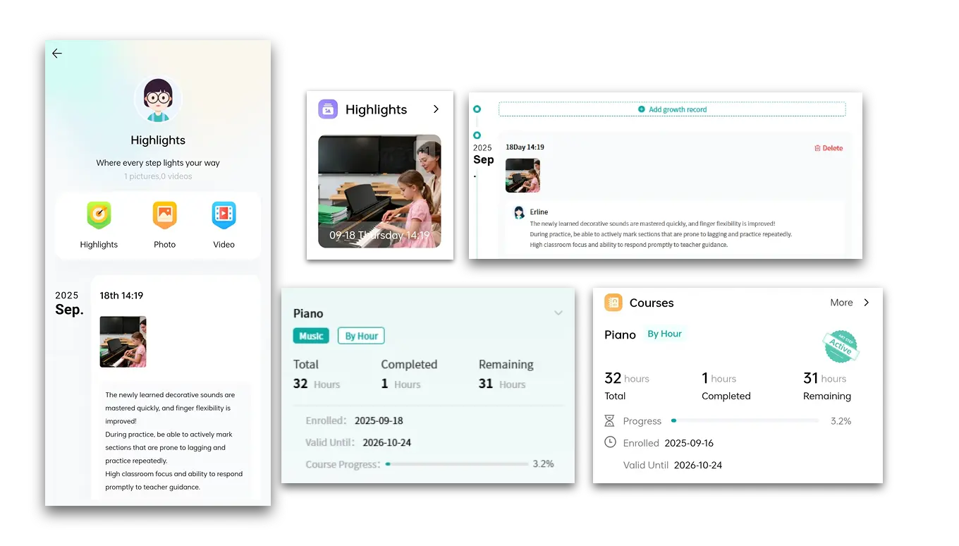 Artstep's Progress Tracking interface displaying student development milestones and achievements.