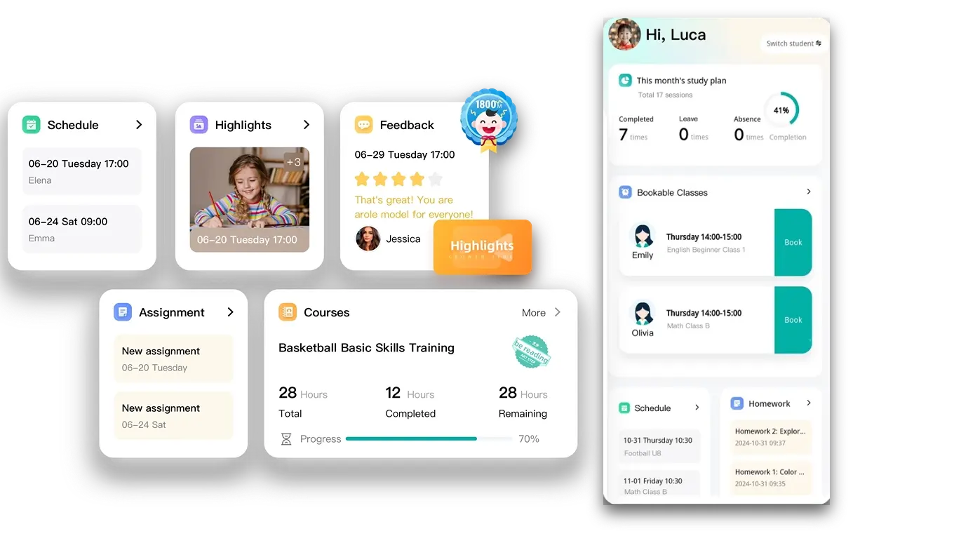 Artstep's parent app displaying student attendance, schedules, homework, growth moments and notifications.