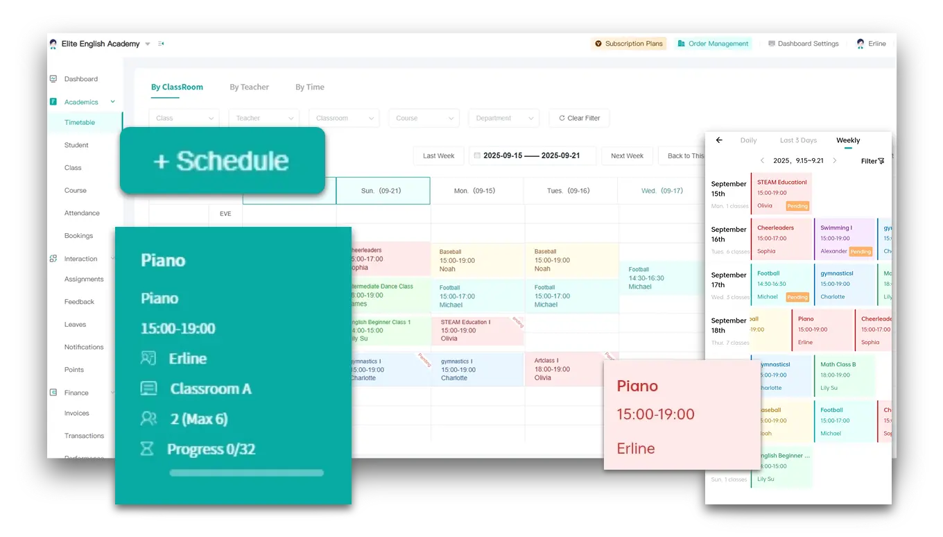 Artstep's scheduling interface for private lessons and group class calendar management.