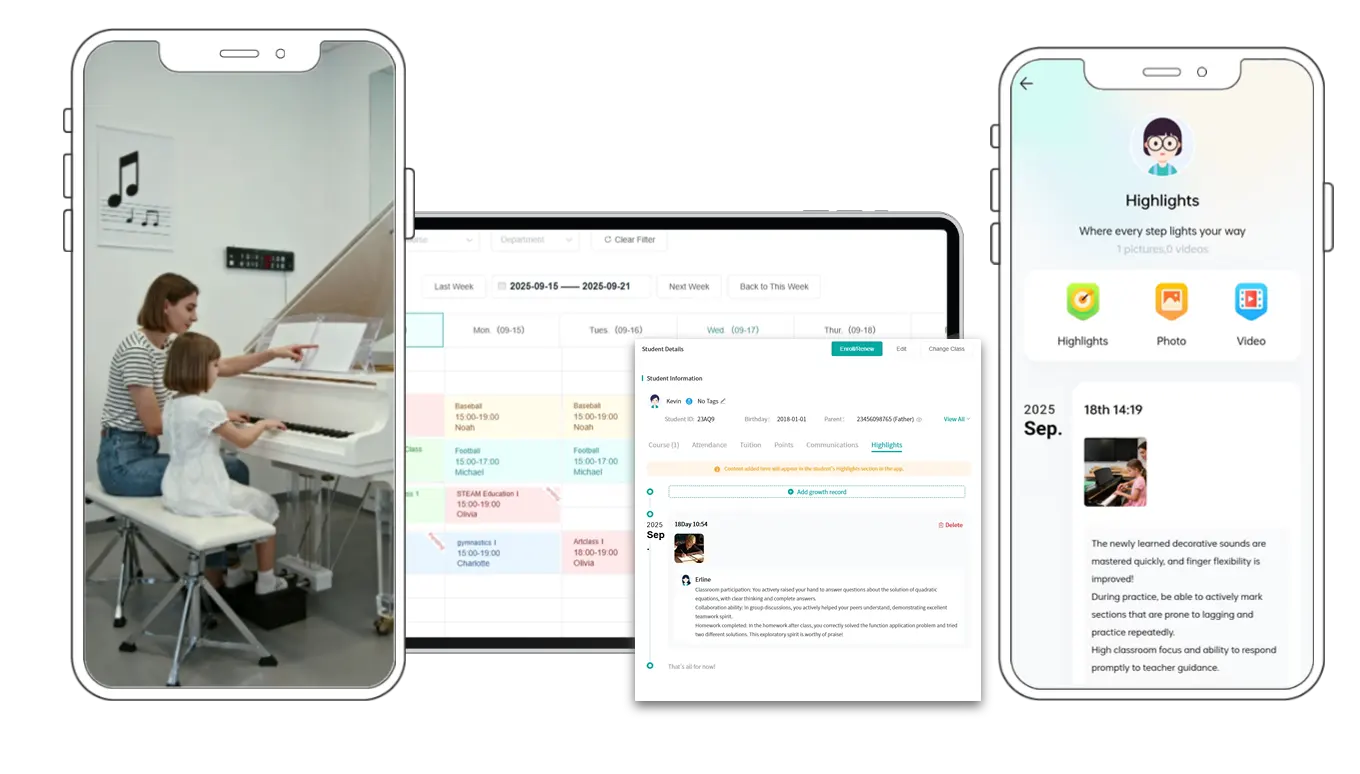 Artstep's music classroom scene alongside the system schedule and Progress Tracking interface.