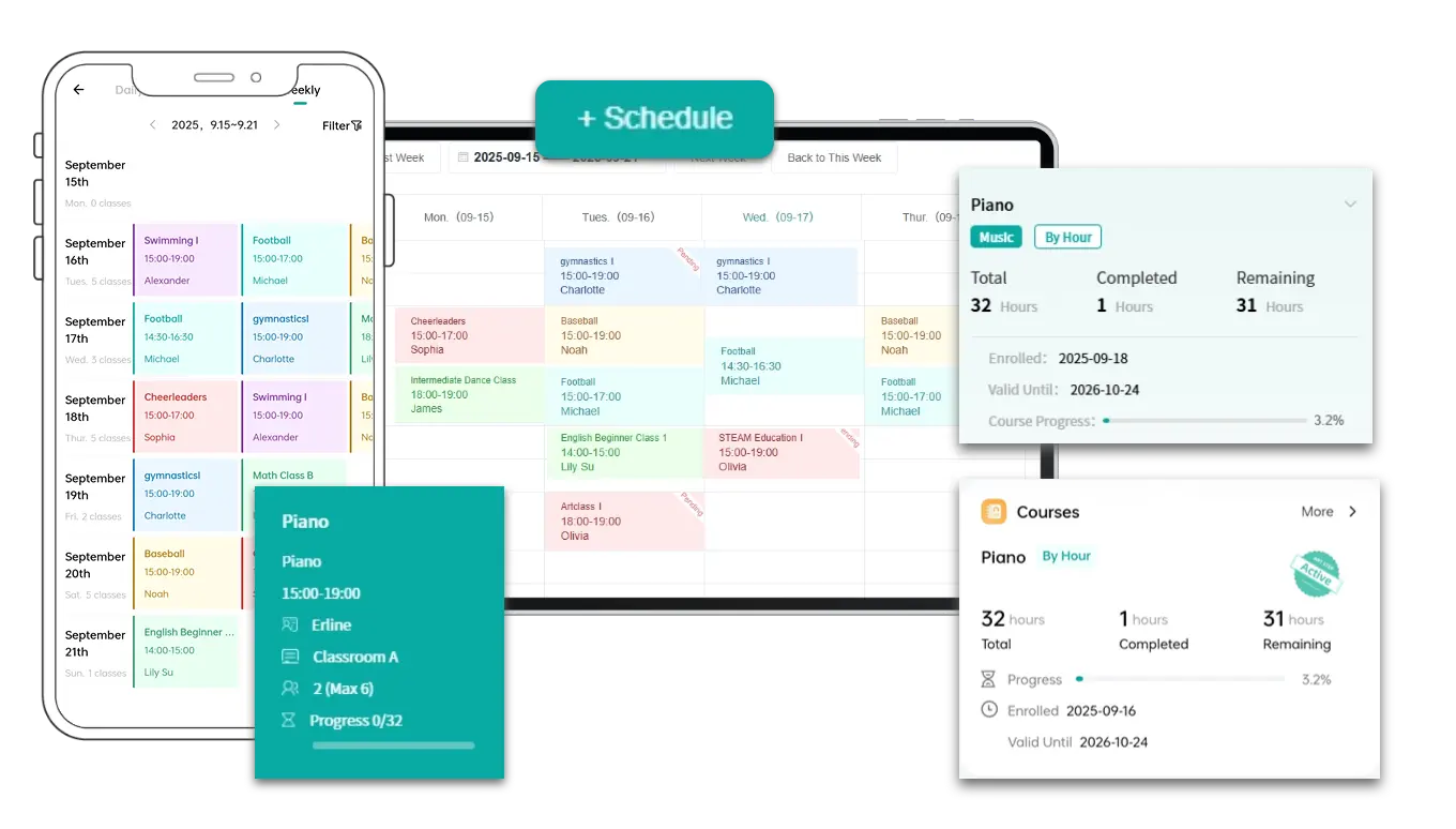Artstep's music dashboard showing private lessons, group classes, student progress timeline, and parent app with reminders.