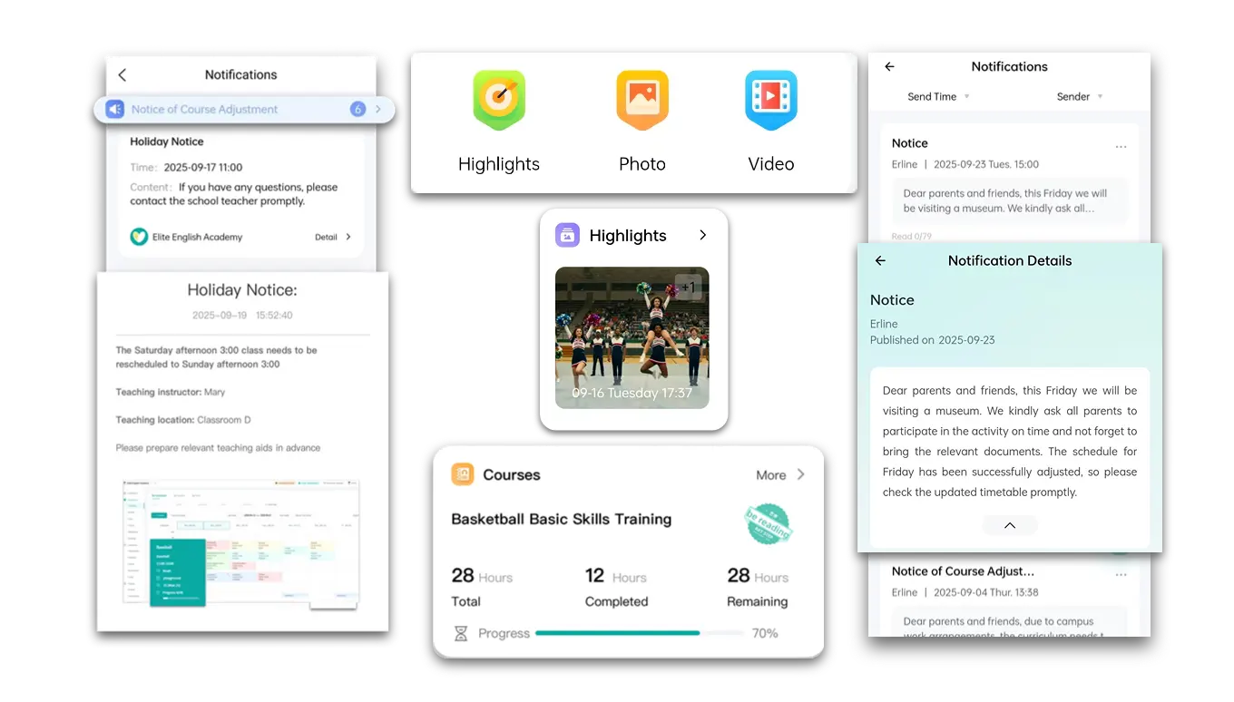 Artstep's parent app notifications for attendance, billing, and growth updates alongside teacher messaging interface.
