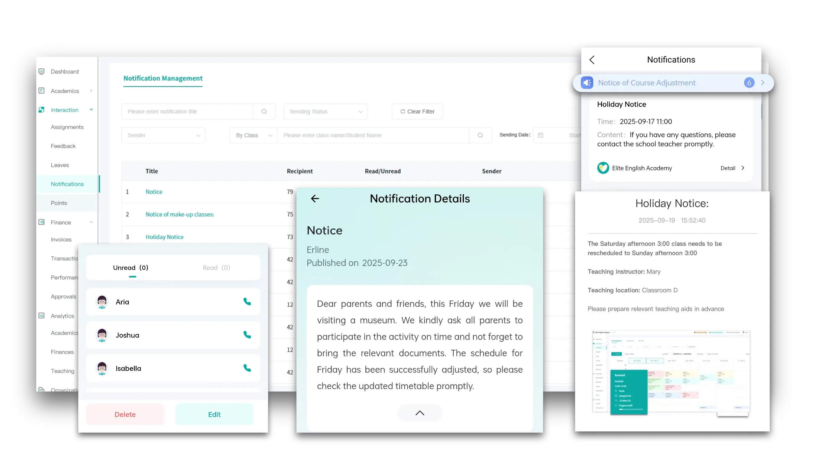 Artstep's parent notification interface showing alerts and school updates.