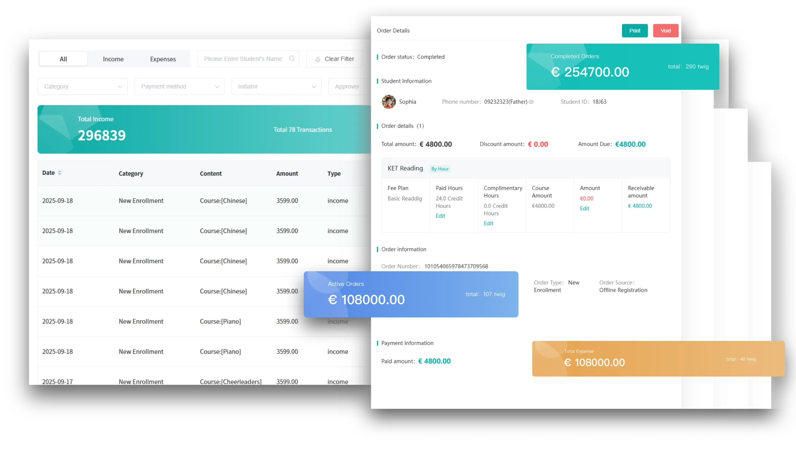Artstep's financial dashboard displaying income/expense details and payment rate charts.