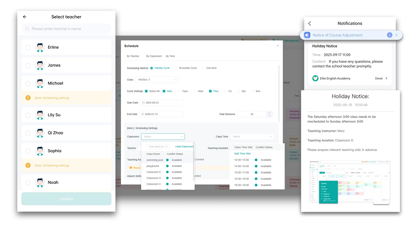 Artstep's conflict detection alert and parent app notification for schedule changes.