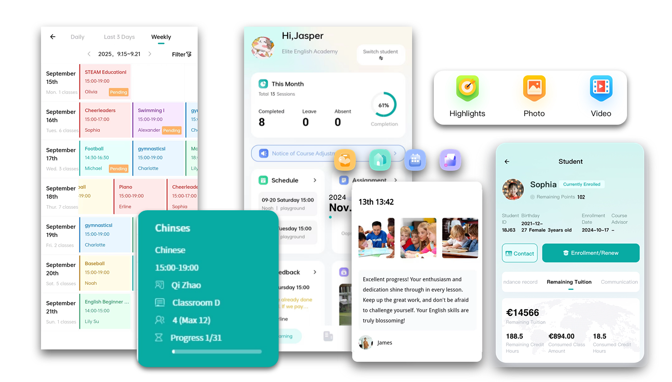 Artstep's weekly schedule for multiple classes and teachers, plus parent app calendar view.