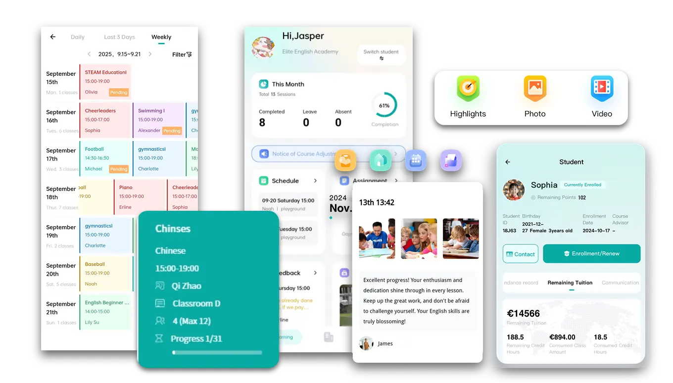 Artstep's weekly schedule for multiple classes and teachers, plus parent app calendar view.