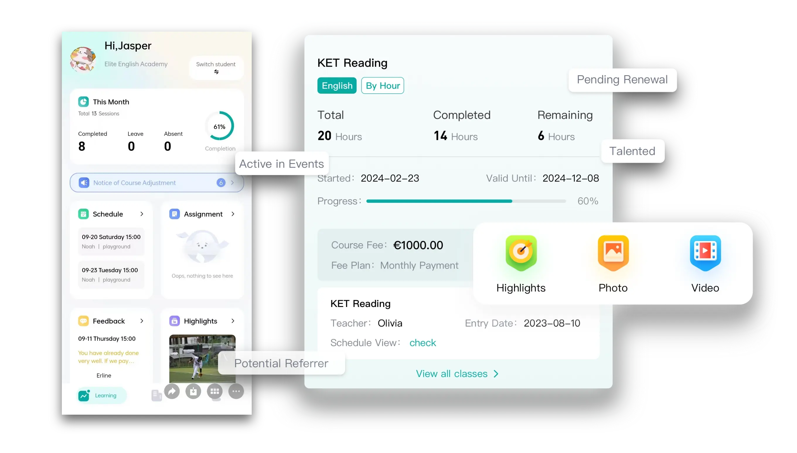 Artstep's parent app calendar view showing schedules and events.