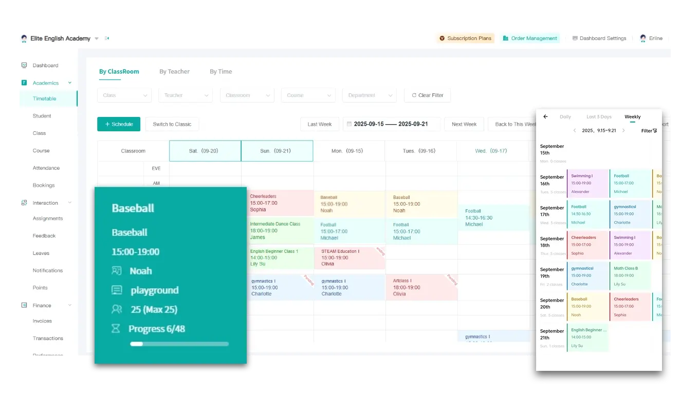 Artstep's multi-sport schedule interface displaying football, swimming, and basketball timetables.